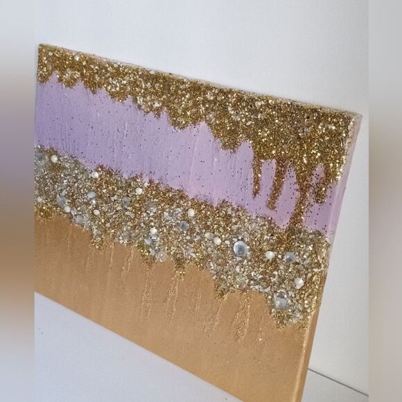 Original Glittery Abstract Seafoam Lilac and Gold Painting - Picture 2 of 2